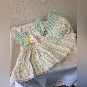 Vintage Baby dress and bonnet size 12 months turquoise striped hearts